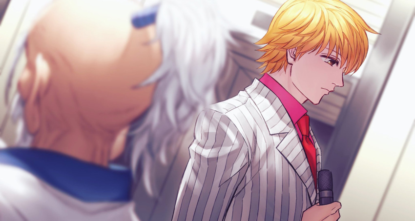 2boys, blonde_hair, brown_eyes, formal, from_side, highres, holding, holding_microphone