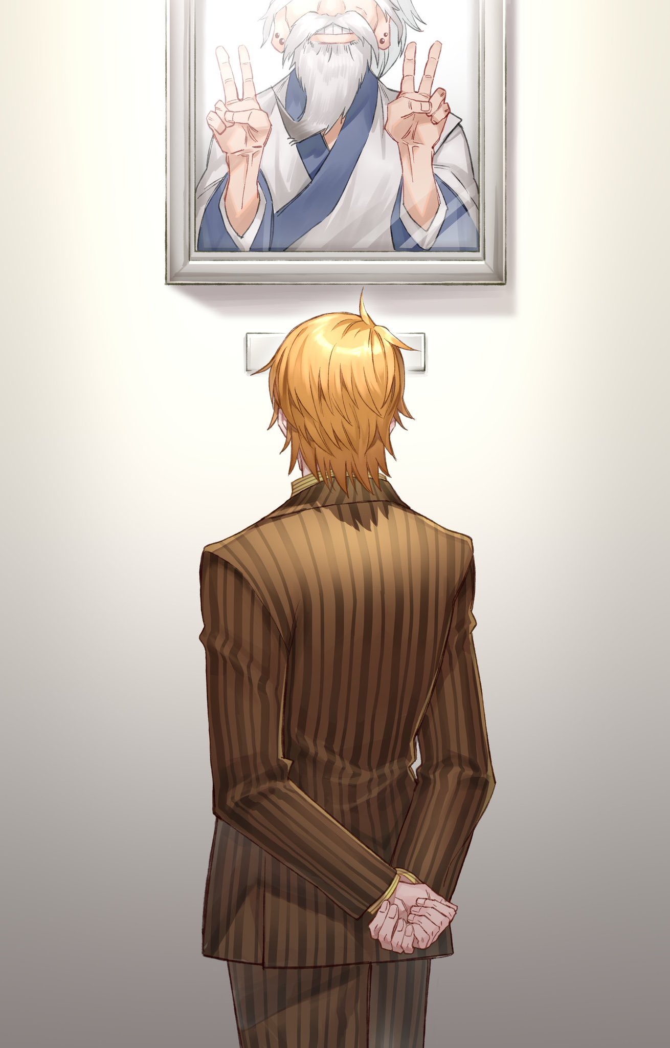 1boy, arms_behind_back, blonde_hair, formal, framed, framed_image, from_behind, highres