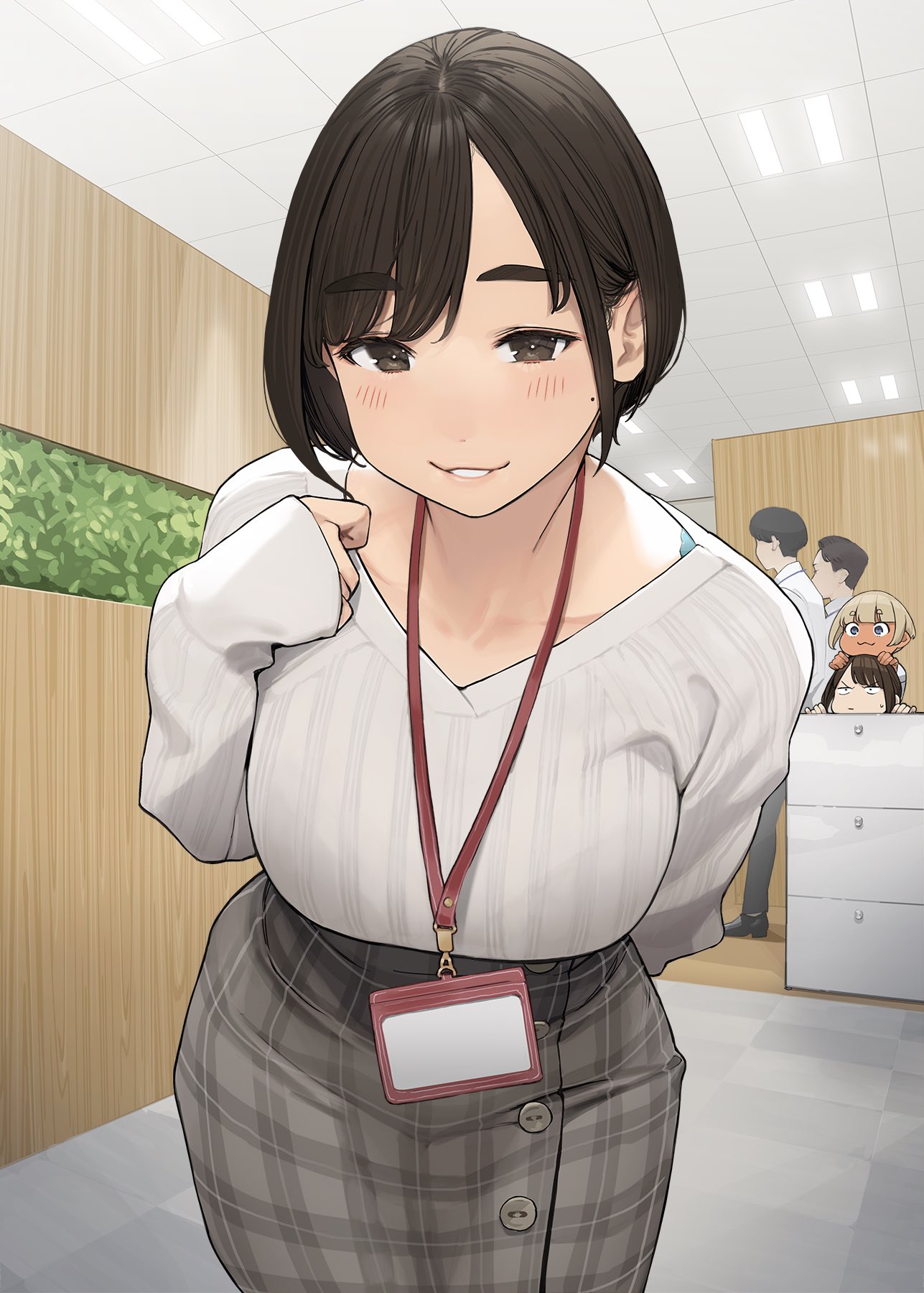 2boys, 3girls, bangs, black_eyes, blush, breasts, brown_eyes, brown_hair, brown_skirt, douki-chan_(douki-chan), eyebrows_visible_through_hair, ganbare_douki-chan, highres, indoors, intern_(douki-chan), kouhai-chan_(douki-chan), large_breasts, long_sleeves, looking_at_another, looking_at_viewer, mole, mole_under_eye, multiple_boys, multiple_girls, parted_bangs, parted_lips, plaid, plaid_skirt, short_hair, skirt, smile, sweater, thick_eyebrows, white_sweater, yomu_(sgt_epper)