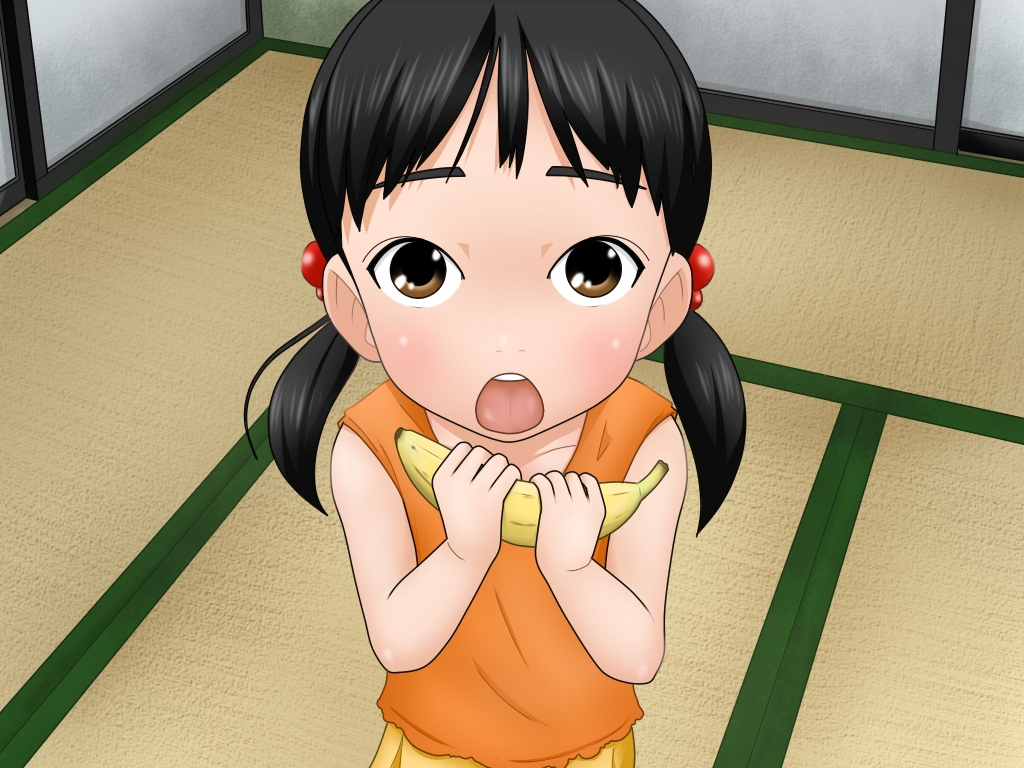 banana, black_hair, brown_eyes, hair_ornaments, open_mouth, solo, teeth