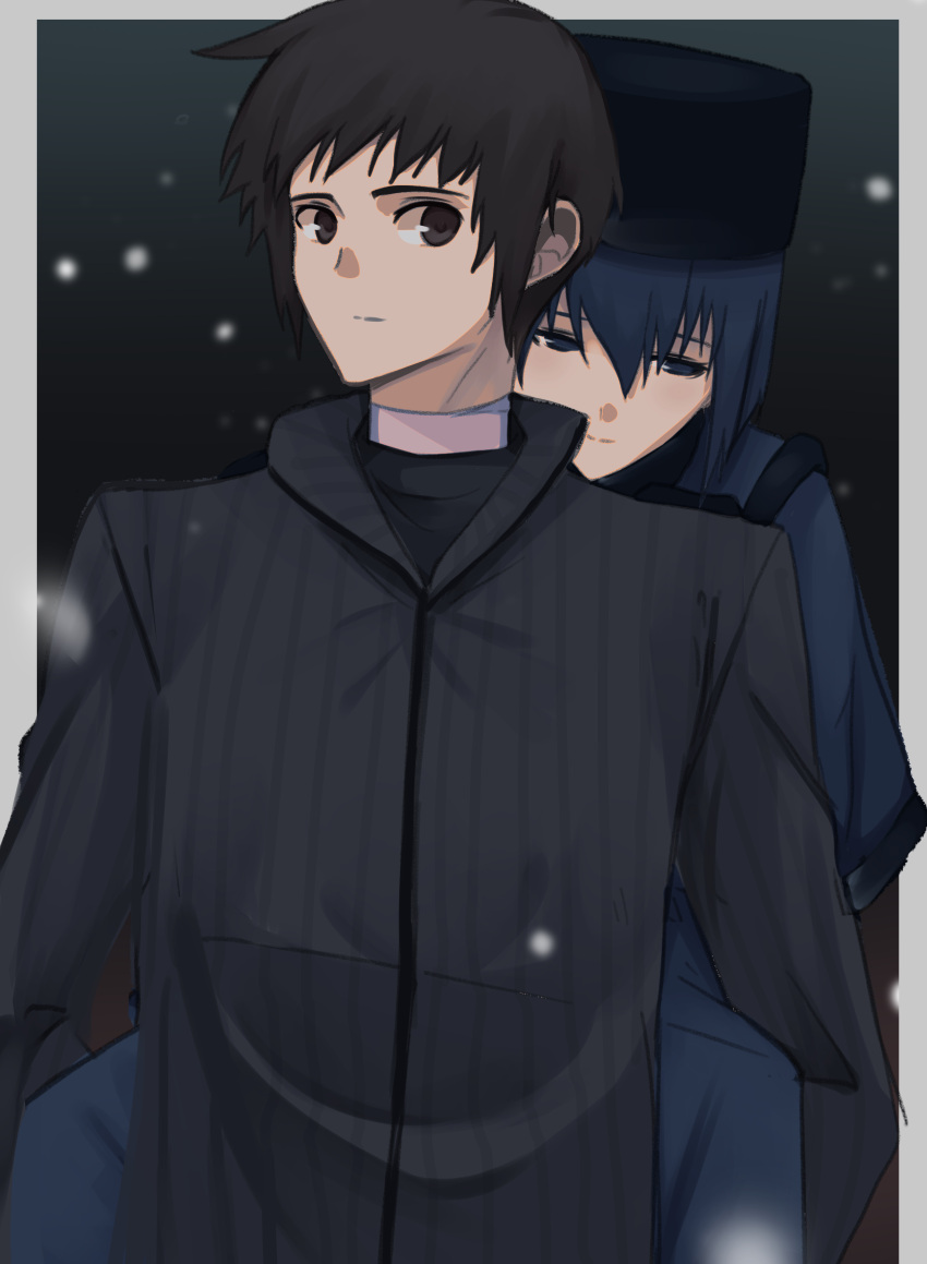 1boy, 1girl, absurdres, bangs, black_capelet, black_eyes, black_hair, black_headwear