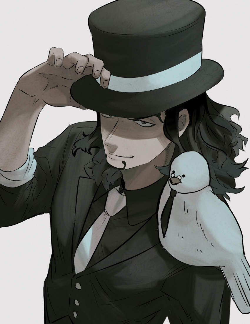 1boy, absurdres, animal_on_shoulder, bird, bird_on_shoulder, chacoma, facial_hair, formal, from_above, hand_on_headwear, hat, hattori_(one_piece), highres, male_focus, one_piece, pigeon, rob_lucci, sleeves_rolled_up, smile, solo, suit