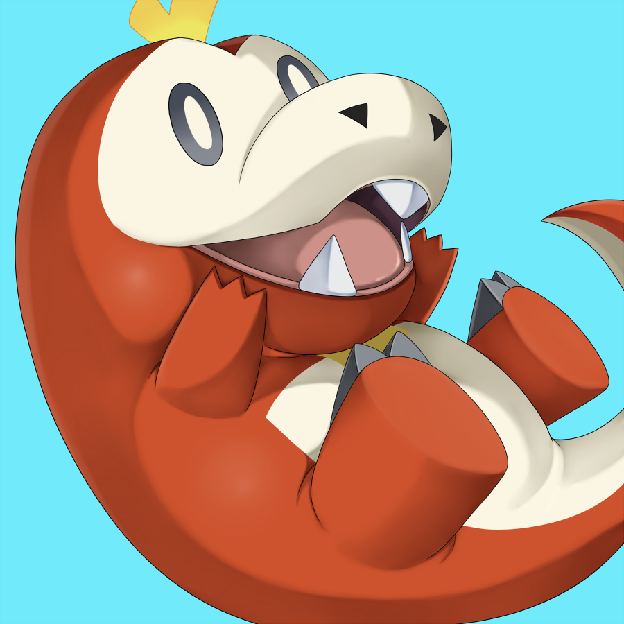animal_focus, aqua_background, claws, commentary_request, fangs, fuecoco, grey_eyes, no_humans