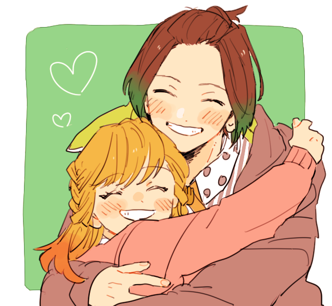 1boy, 1girl, blonde_hair, blush, braid, brown_hair, bustafellows, closed_eyes