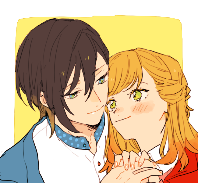 1boy, 1girl, black_hair, blonde_hair, blue_eyes, blush, braid, bustafellows