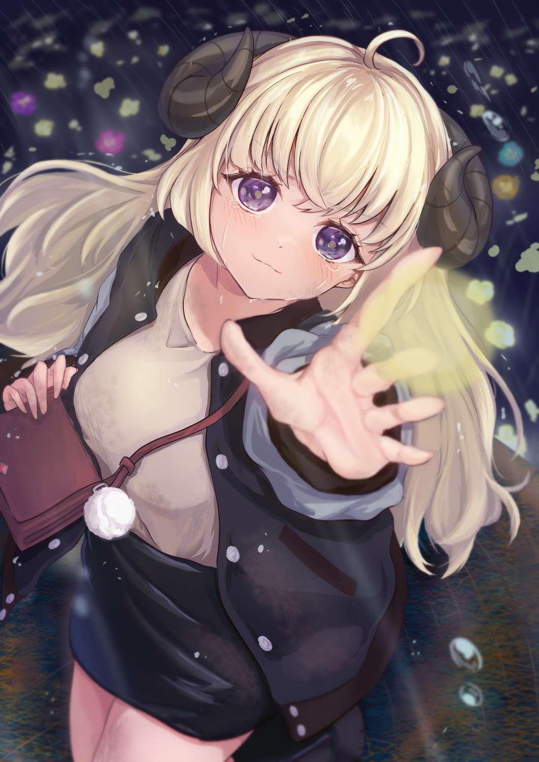 1girl, ahoge, black_skirt, blonde_hair, blush, eyebrows_visible_through_hair, hair_down, harusame349