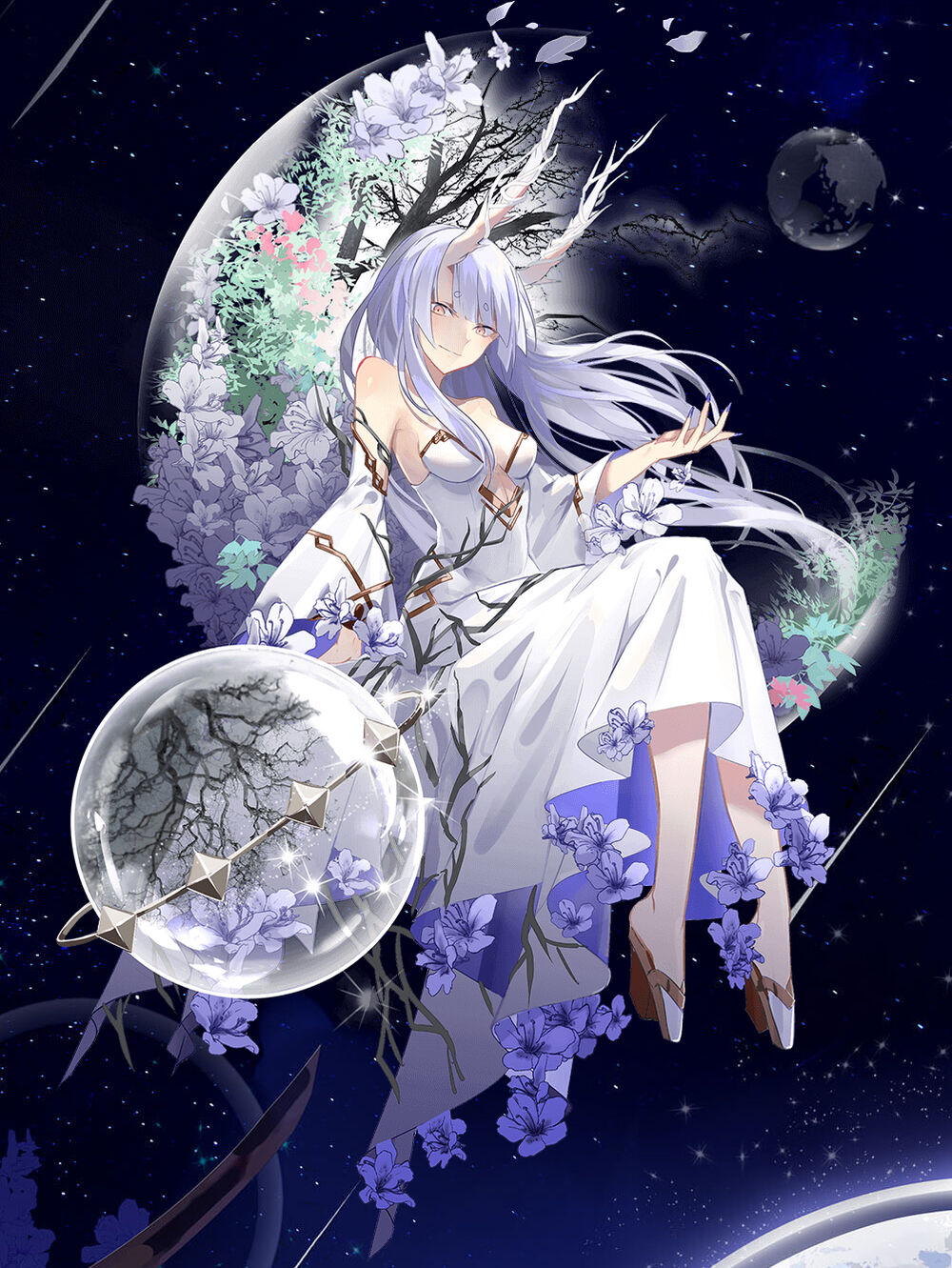 1girl, beartoris, food_fantasy, full_body, highres, horns, looking_at_viewer, milt_(food_fantasy), night, night_sky, official_art, pale_skin, planet, purple_hair, second-party_source, sky, star_(sky), starry_sky, yellow_eyes