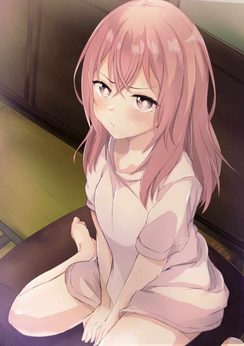 1girl, bangs, barefoot, blush, breasts, crossed_bangs, hair_between_eyes, highres
