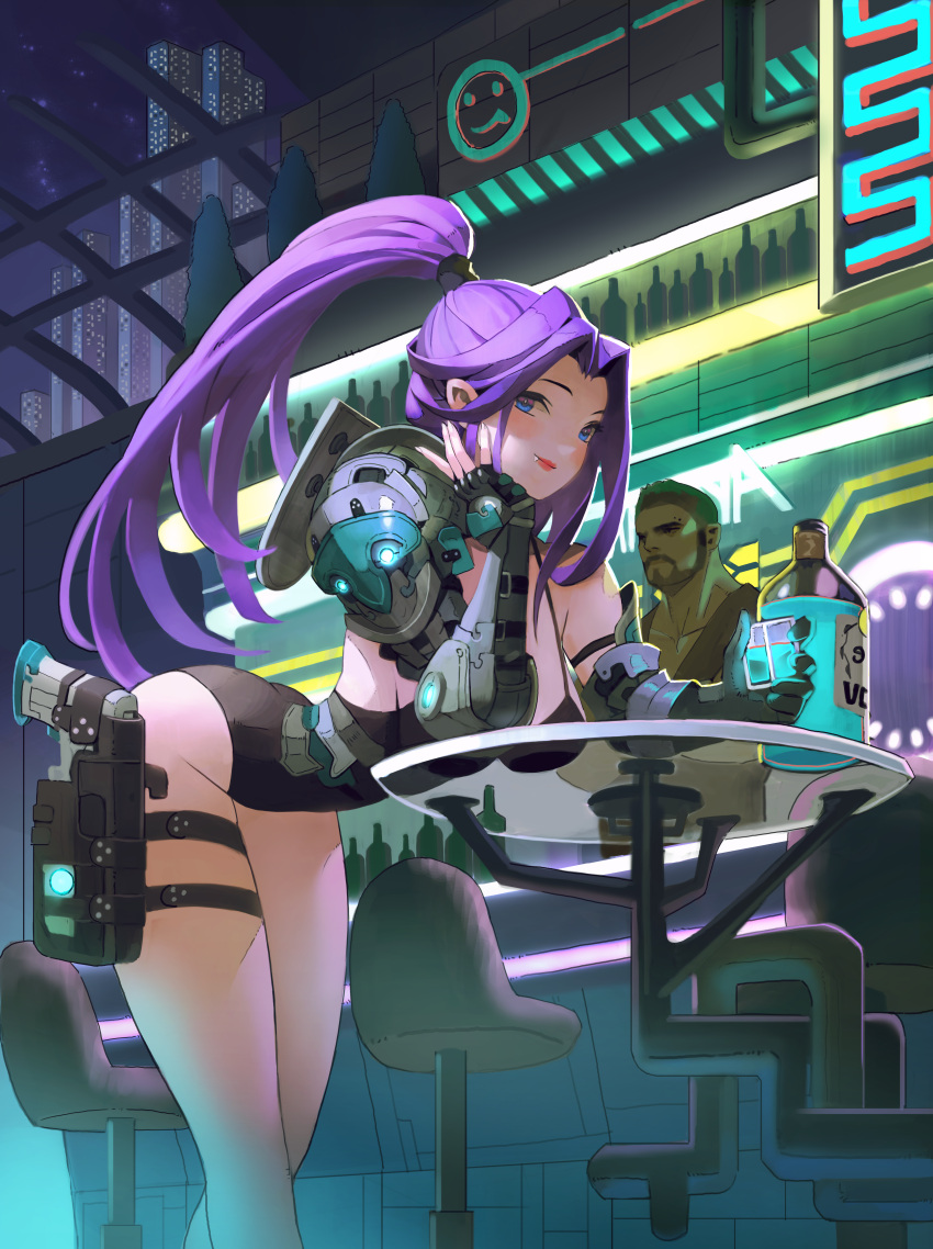 1boy, 1girl, absurdres, armband, armor, arowana2111, bare_shoulders, bartender, bent_over, black_eyes, blue_eyes, blush, bottle, breast_press, brown_gloves, building, chair, closed_mouth, collarbone, cup, cyberpunk, facial_hair, fang, fang_out, fingerless_gloves, fingernails, gloves, glowing, gun, highres, holding, holding_cup, holster, holstered_weapon, leaning, leaning_forward, liquid, long_fingernails, long_hair, original, outdoors, pauldrons, piercing, pipes, ponytail, purple_hair, science_fiction, shoulder_armor, single_bare_shoulder, single_pauldron, solo_focus, table, thigh_strap, transparent, tree, very_long_hair, weapon
