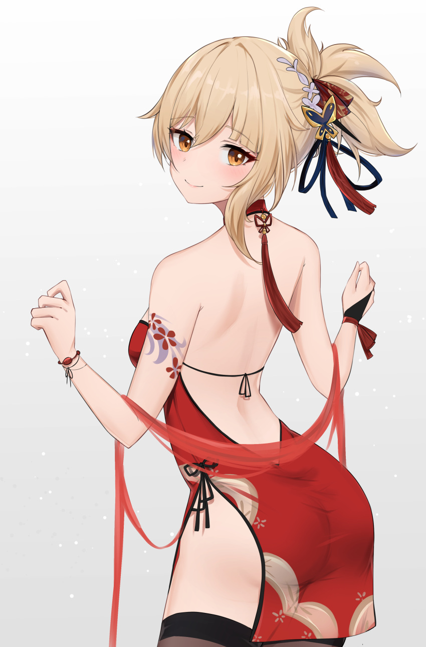 1girl, absurdres, alternate_costume, arm_tattoo, ass, asymmetrical_hair, back, backless_dress