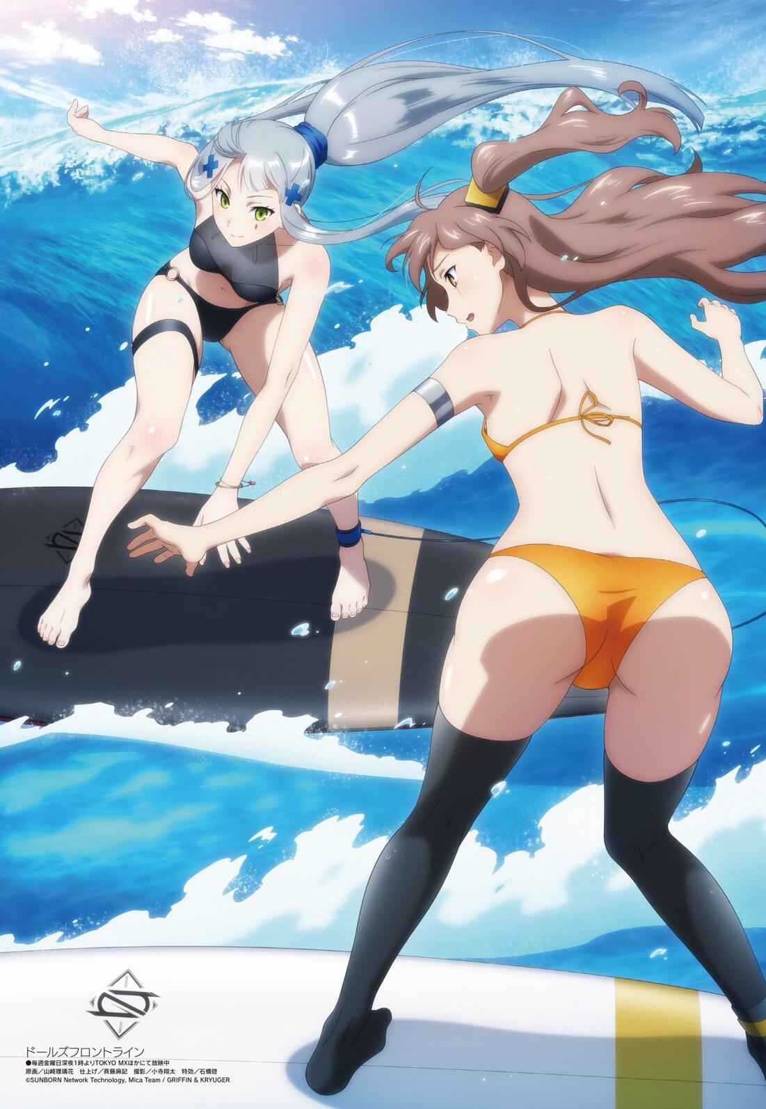 2girls, 404_(girls'_frontline), 404_logo_(girls'_frontline), alternate_costume, alternate_hairstyle, ass, bikini, blue_sky