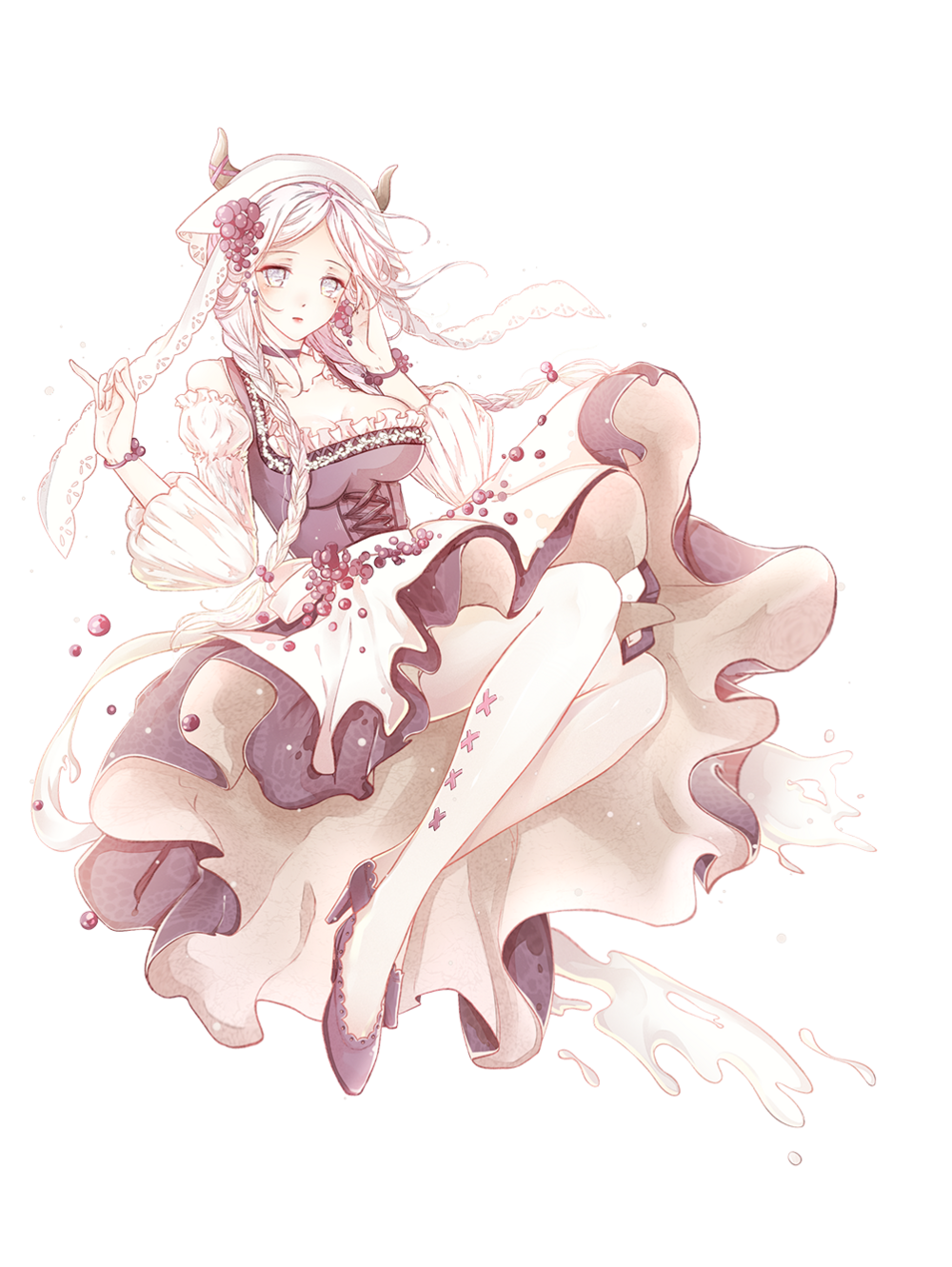1girl, breasts, cow_girl, cow_horns, dress, food_fantasy, full_body, highres
