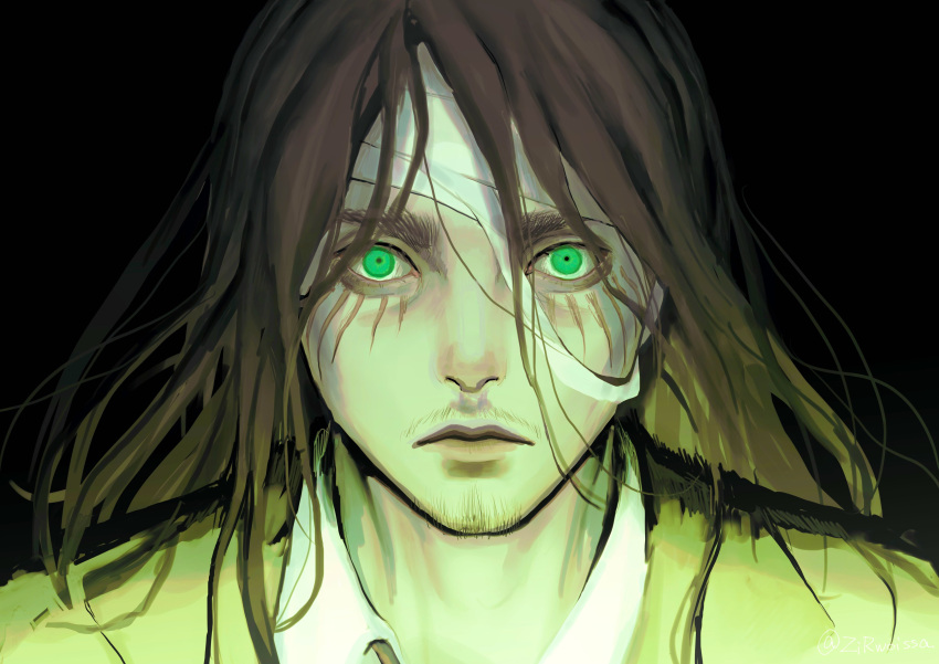 1boy, absurdres, bandages, bangs, black_background, black_hair, closed_mouth, eren_yeager, expressionless, facial_hair, green_eyes, highres, jacket, long_hair, male_focus, mustache, portrait, shingeki_no_kyojin, shirt, simple_background, solo, zirwoissa