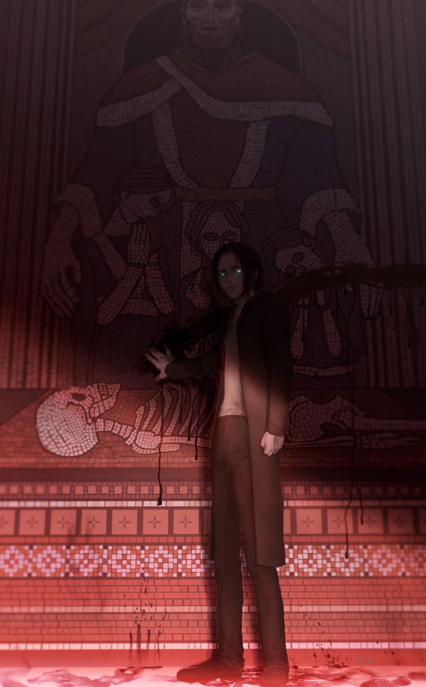 1boy, absurdres, black_coat, black_pants, blood, blood_on_wall, blood_splatter, blood_trail, closed_mouth, coat, eren_yeager, full_body, glowing, glowing_eyes, green_eyes, highres, long_sleeves, male_focus, pants, red_theme, shingeki_no_kyojin, shirt, short_hair, solo, standing, white_shirt, zirwoissa