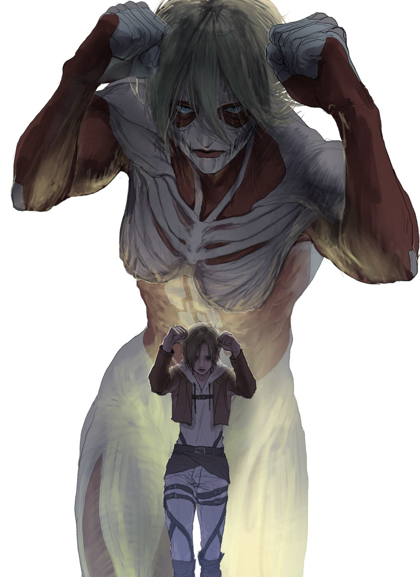 2girls, annie_leonhardt, blonde_hair, blue_eyes, brown_jacket, clenched_hands, closed_mouth, cowboy_shot