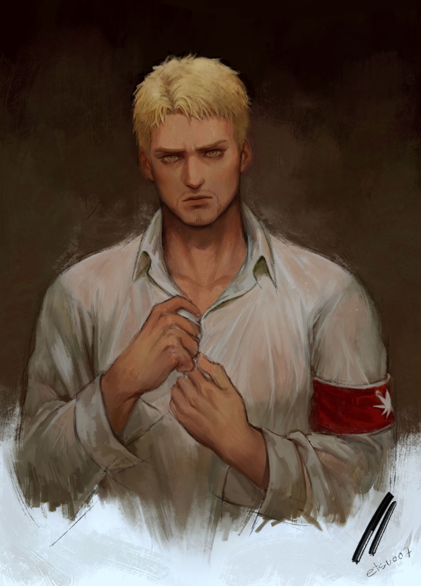 absurdres, artist_name, beard, black_background, blonde_hair, closed_mouth, collared_shirt, ekit70