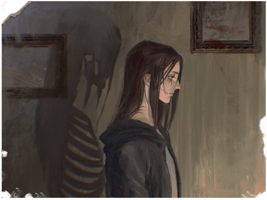 1boy, black_hair, black_jacket, border, different_shadow, eren_yeager, expressionless, highres
