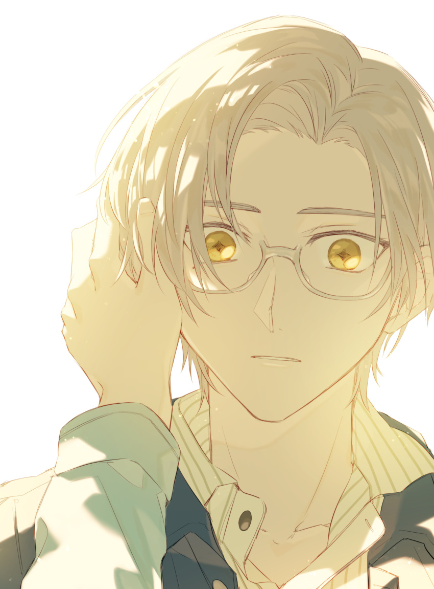 1boy, black_jacket, glasses, hand_on_another's_cheek, hand_on_another's_face, highres, jacket, koeda_(k83_4)