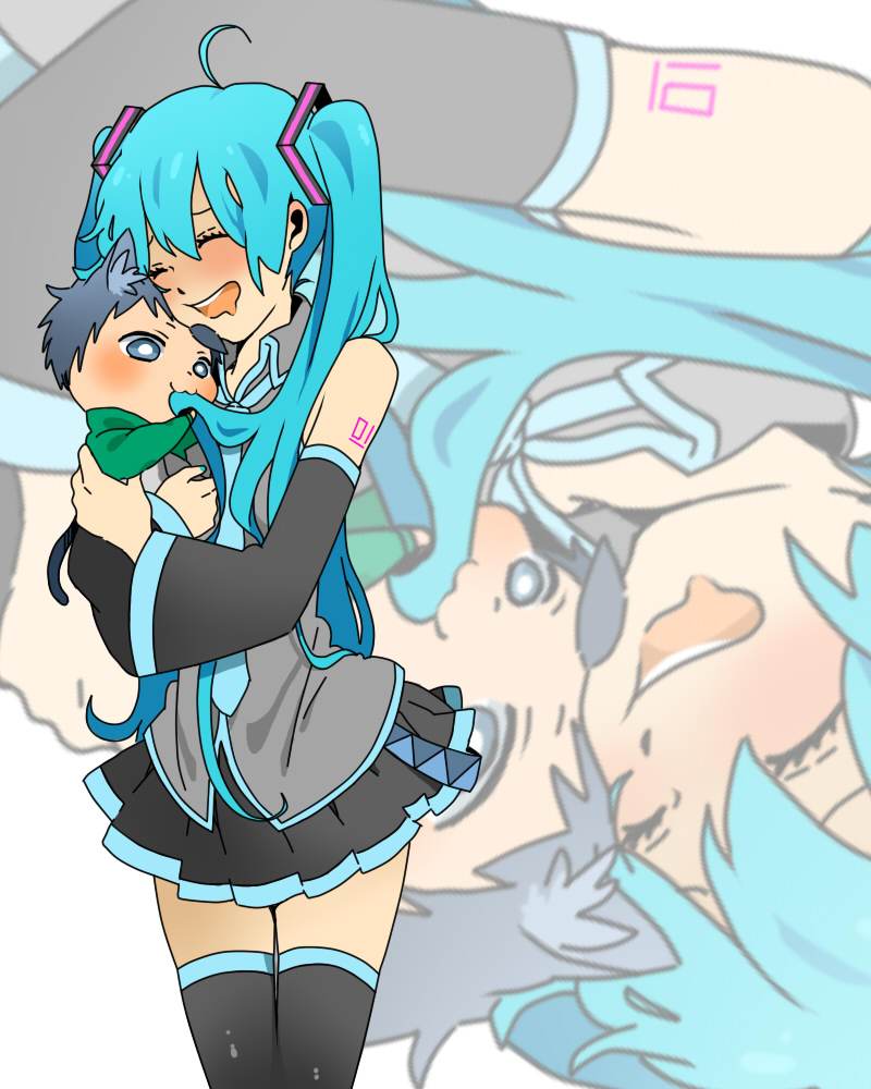 ahoge, aira_(radturee), animal_ears, aqua_hair, bad_id, blue_eyes, carrying, cat_ears