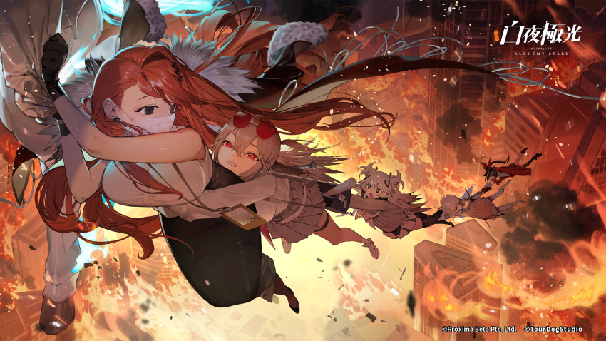 +_+, 5girls, alchemy_stars, animal_on_head, bag, bangs, black_coat, black_gloves