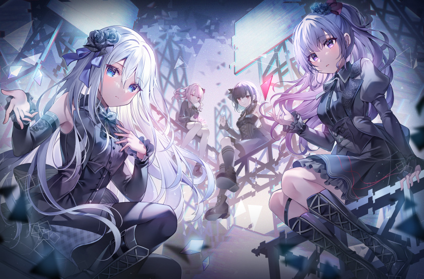 1other, 3girls, abstract_background, akiyama_mizuki, asahina_mafuyu, bangs, bare_legs, black_bow