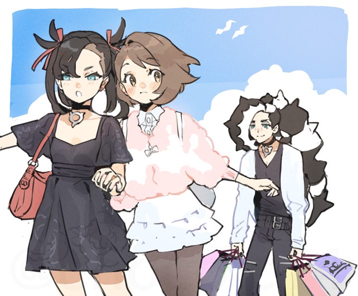 1boy, 2girls, alternate_costume, backpack, bag, bangs, belt, black_choker