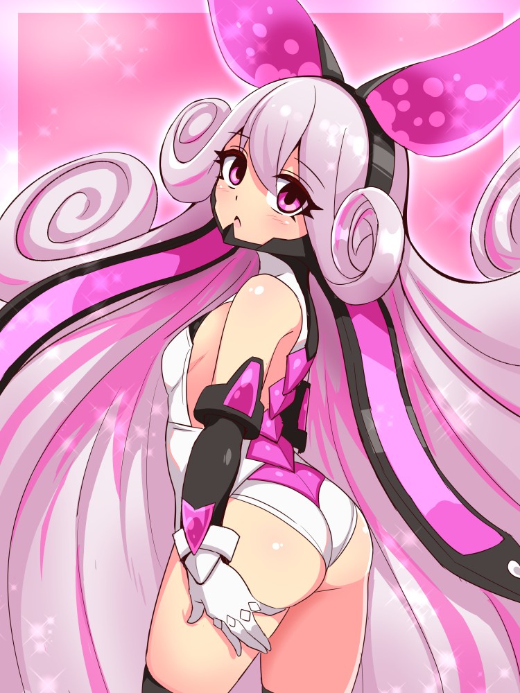 1girl, ass, azure_striker_gunvolt, bangs, black_legwear, blush, breasts, commentary