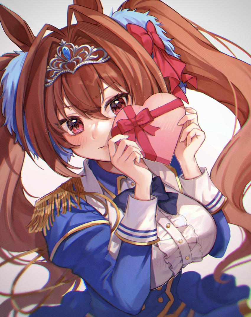 1girl, absurdres, animal_ears, blush, bow, box, breasts, brown_hair