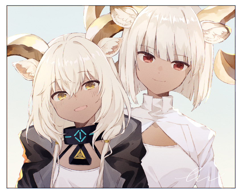 2girls, animal_ear_fluff, animal_ears, arknights, bangs, beeswax_(arknights), black_hoodie, blunt_bangs