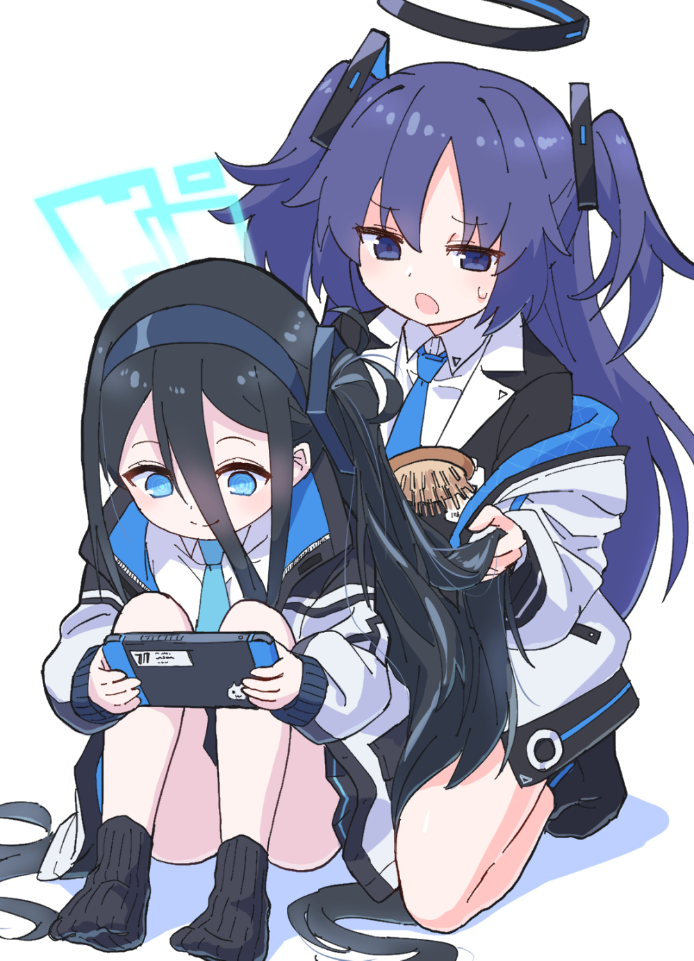 2girls, aqua_eyes, arisu_(blue_archive), black_hair, black_legwear, black_skirt, blue_archive, collared_shirt, comb, combing, dress_shirt, game_console, hairband, handheld_game_console, highres, holding, holding_hair, jacket, kneeling, long_hair, looking_at_another, multiple_girls, necktie, off_shoulder, open_mouth, paskmel, pleated_skirt, purple_hair, shadow, shirt, side_ponytail, sidelocks, simple_background, sitting, skirt, socks, suit_jacket, sweat, twintails, very_long_hair, violet_eyes, white_background, yuuka_(blue_archive)