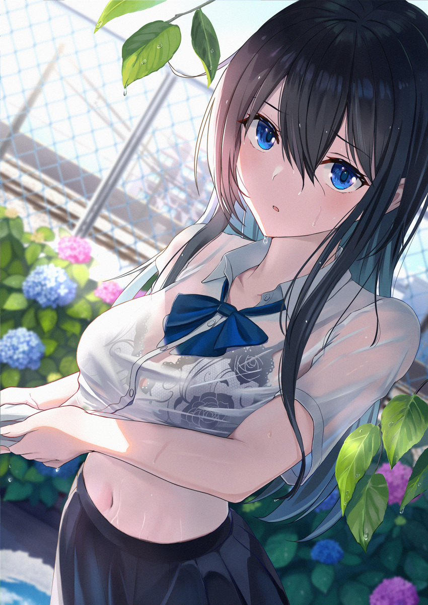 1girl, after_rain, black_bra, black_hair, black_skirt, blue_bow, blue_bowtie, blue_eyes