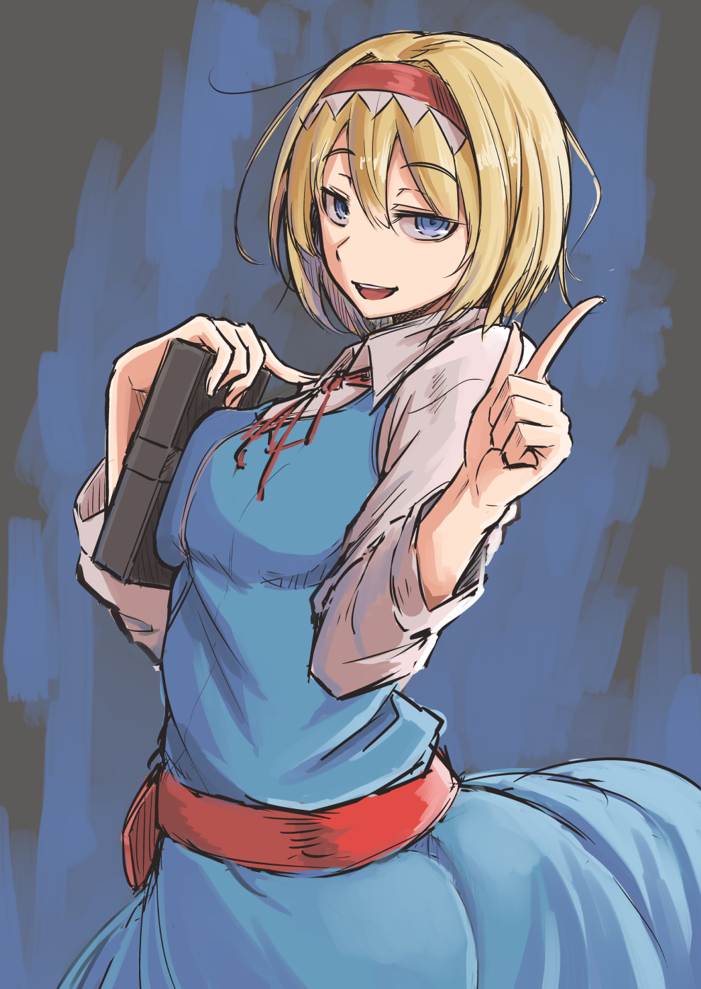 1girl, alice_margatroid, baketsuya, blonde_hair, blue_dress, blue_eyes, book, breast_press