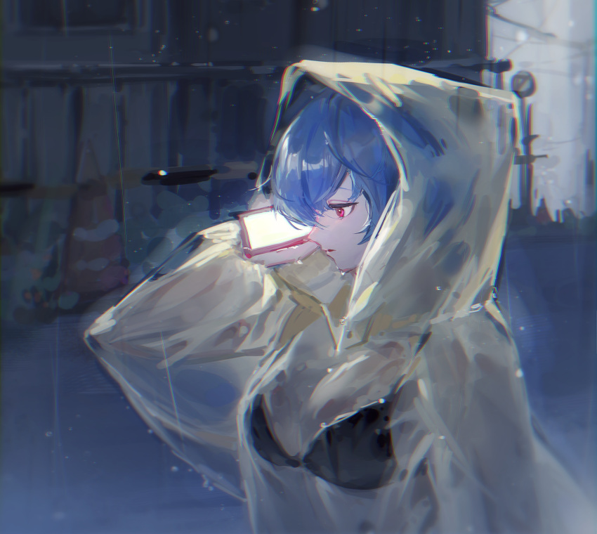 1girl, absurdres, ayanami_rei, black_bra, blue_hair, bra, breasts, cellphone