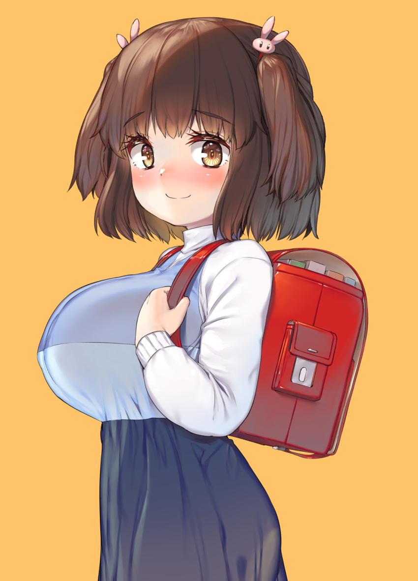 backpack, bag, breasts, brown_eyes, brown_hair, bunny_hair_ornament, dress, hair_ornament