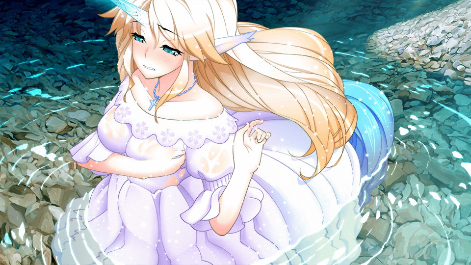 1girl, animal_ears, artist_request, bangs, blonde_hair, blue_eyes, breasts, centaur, covering, covering_breasts, cross, crucifix, dress, embarrassed, eyebrows_visible_through_hair, game_cg, glowing_horns, horns, horse_ears, jewelry, keros_(monster_musume), long_hair, looking_at_viewer, medium_breasts, monster_girl, monster_musume_no_iru_nichijou, monster_musume_no_iru_nichijou_online, necklace, official_art, outdoors, partially_submerged, sidelocks, single_horn, solo, taur, unicorn_girl, water, wet, wet_clothes, white_dress