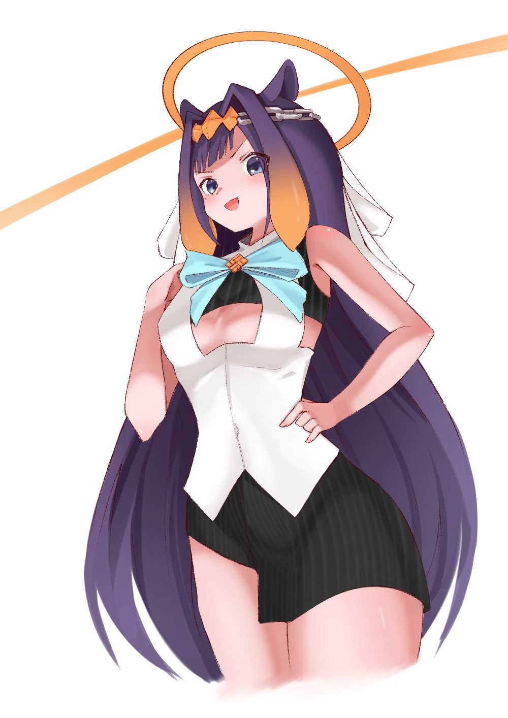 1girl, blue_eyes, cosplay, eyes_visible_through_hair, hair_intakes, halo, head_chain, highres