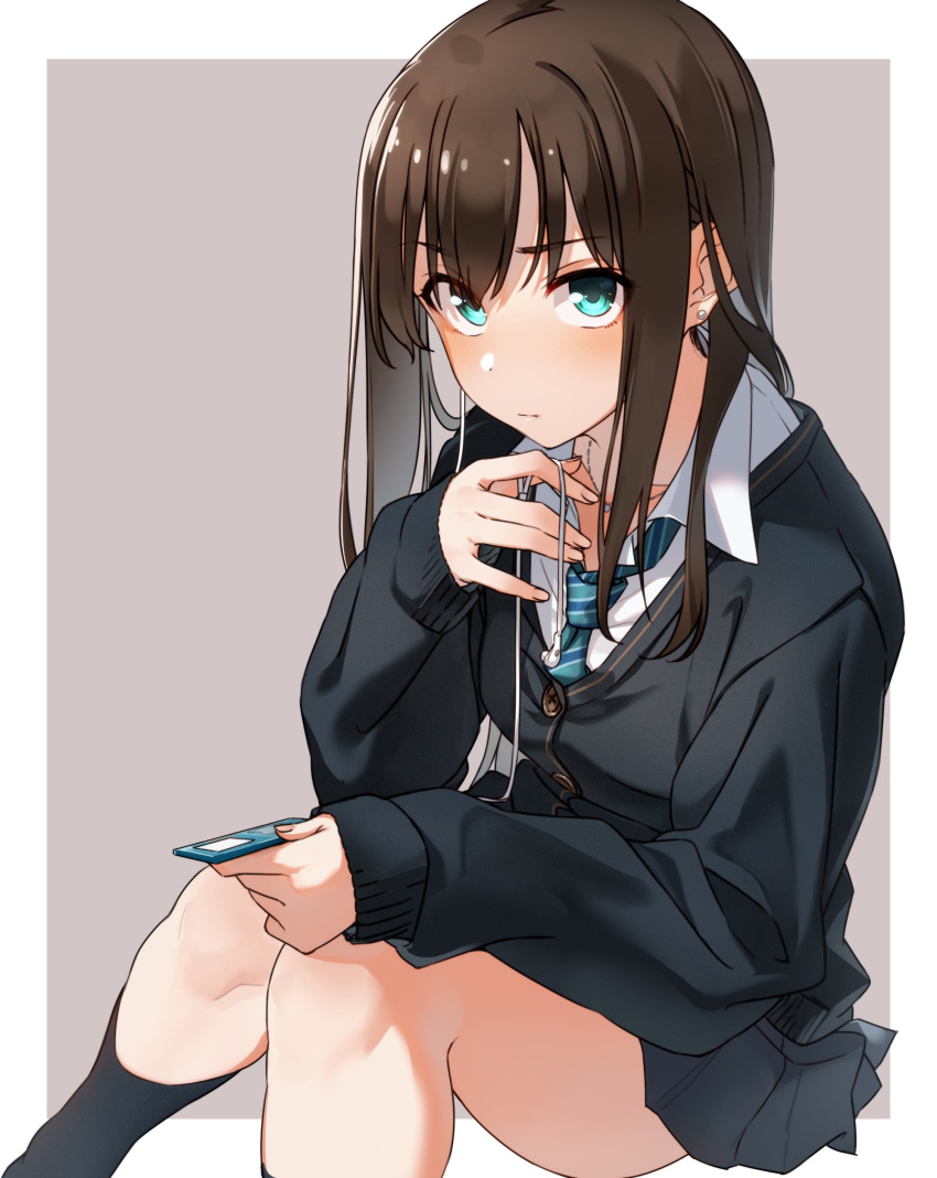 1girl, absurdres, aqua_eyes, brown_hair, collared_shirt, digital_media_player, earrings, eyebrows_visible_through_hair