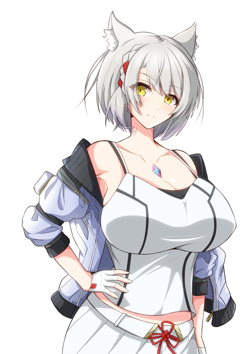 1girl, absurdres, alternate_breast_size, breasts, camisole, chest_jewel, highres, jacket, large_breasts, light_xion, mio_(xenoblade), mouthful_mode, shoulder_strap, solo, tank_top, white_camisole, white_jacket, white_tank_top, xenoblade_chronicles_(series), xenoblade_chronicles_3