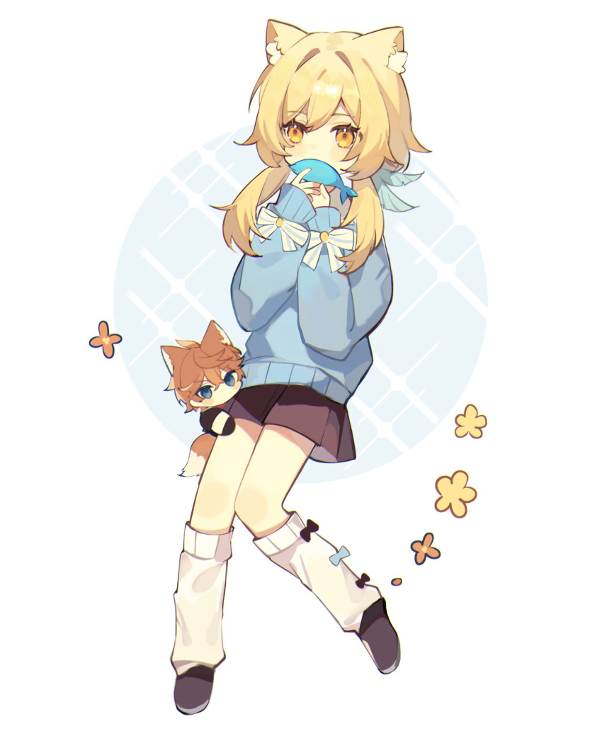 1boy, 1girl, animal, animal_ears, bangs, black_footwear, black_skirt, blonde_hair