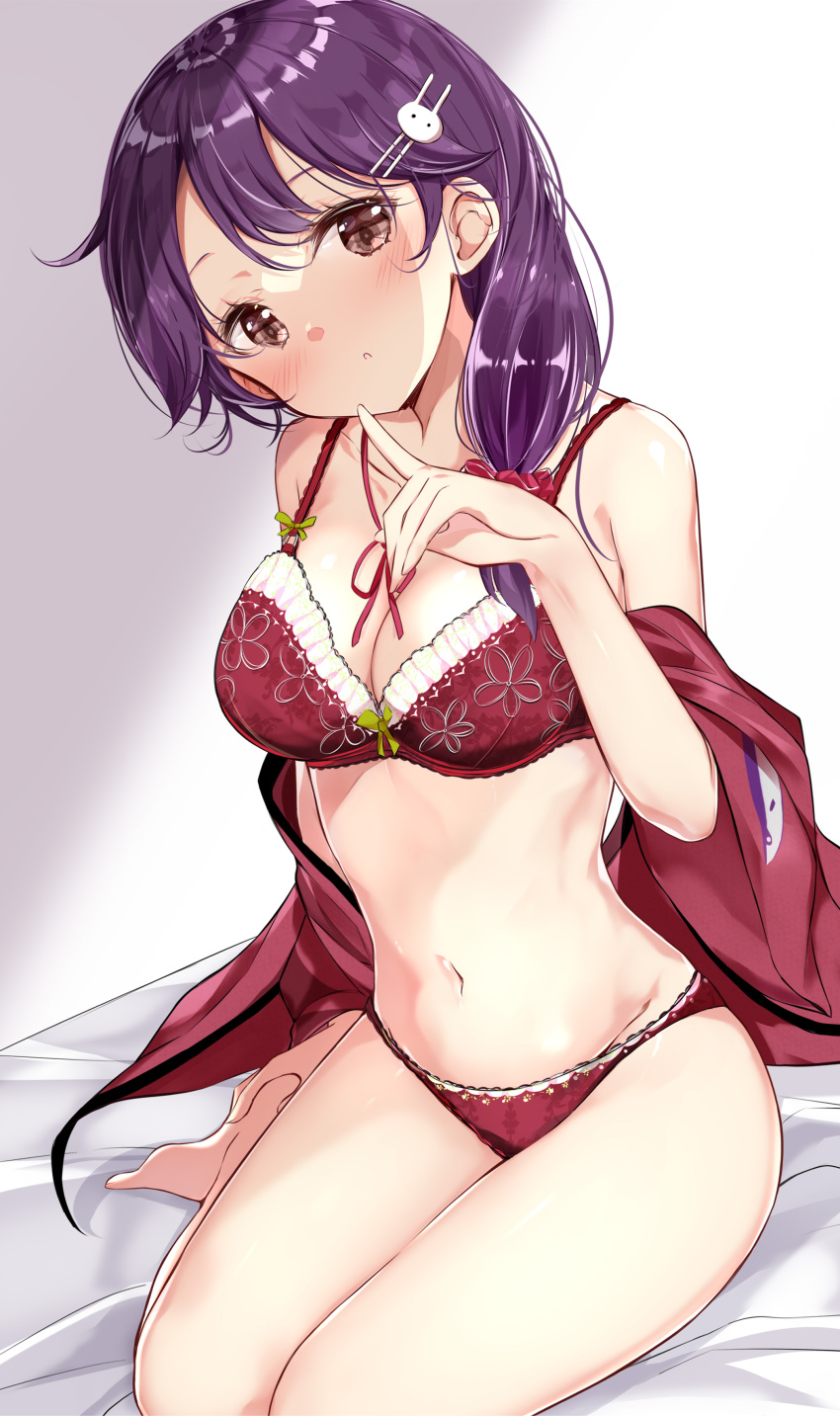 1girl, absurdres, ahoge, bangs, black_hair, blush, bow, bra
