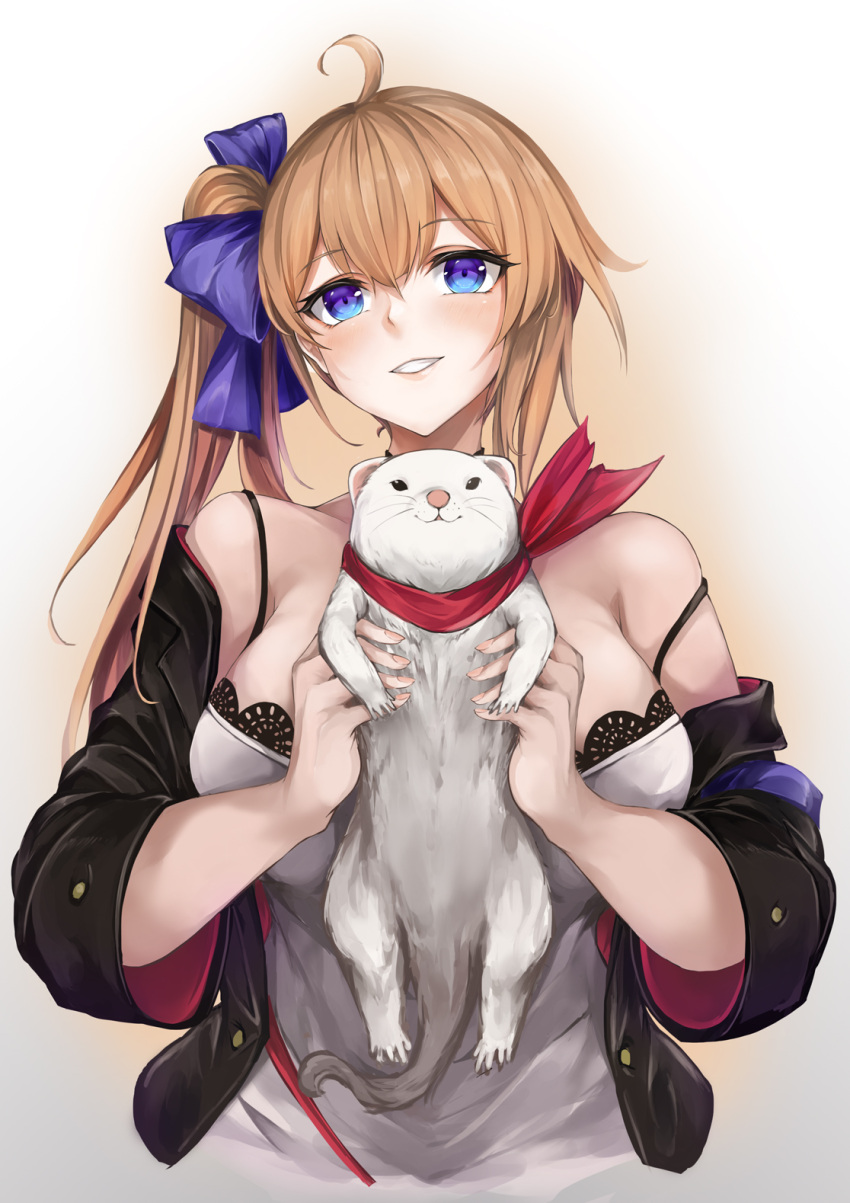 1girl, ahoge, bangs, bare_shoulders, black_jacket, blonde_hair, blue_eyes, blush