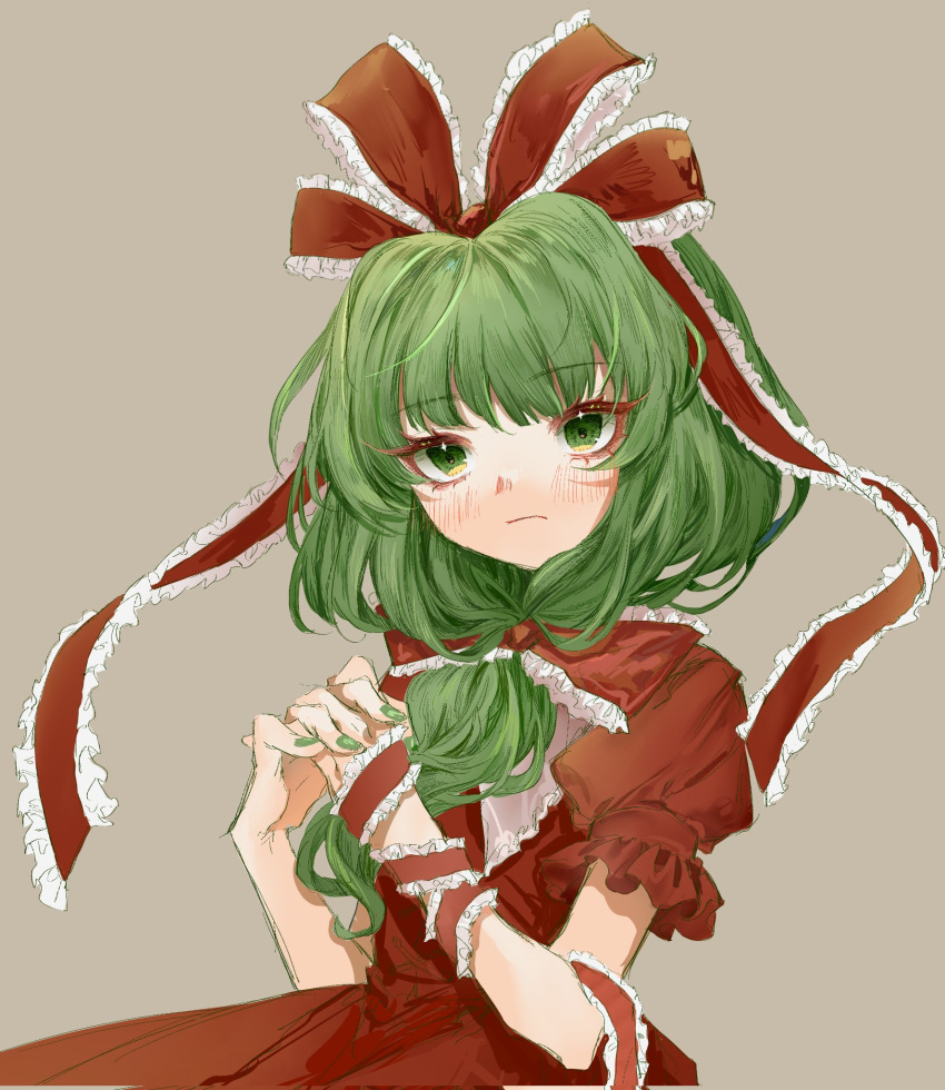 1girl, 80isiiii, bangs, beige_background, bow, breasts, closed_mouth, collared_dress, commentary_request, dress, eyebrows_visible_through_hair, frilled_ribbon, frilled_sleeves, frills, front_ponytail, green_eyes, green_hair, hair_ribbon, highres, kagiyama_hina, long_dress, long_hair, looking_at_viewer, puffy_short_sleeves, puffy_sleeves, red_bow, red_dress, red_ribbon, ribbon, short_sleeves, simple_background, small_breasts, touhou, upper_body