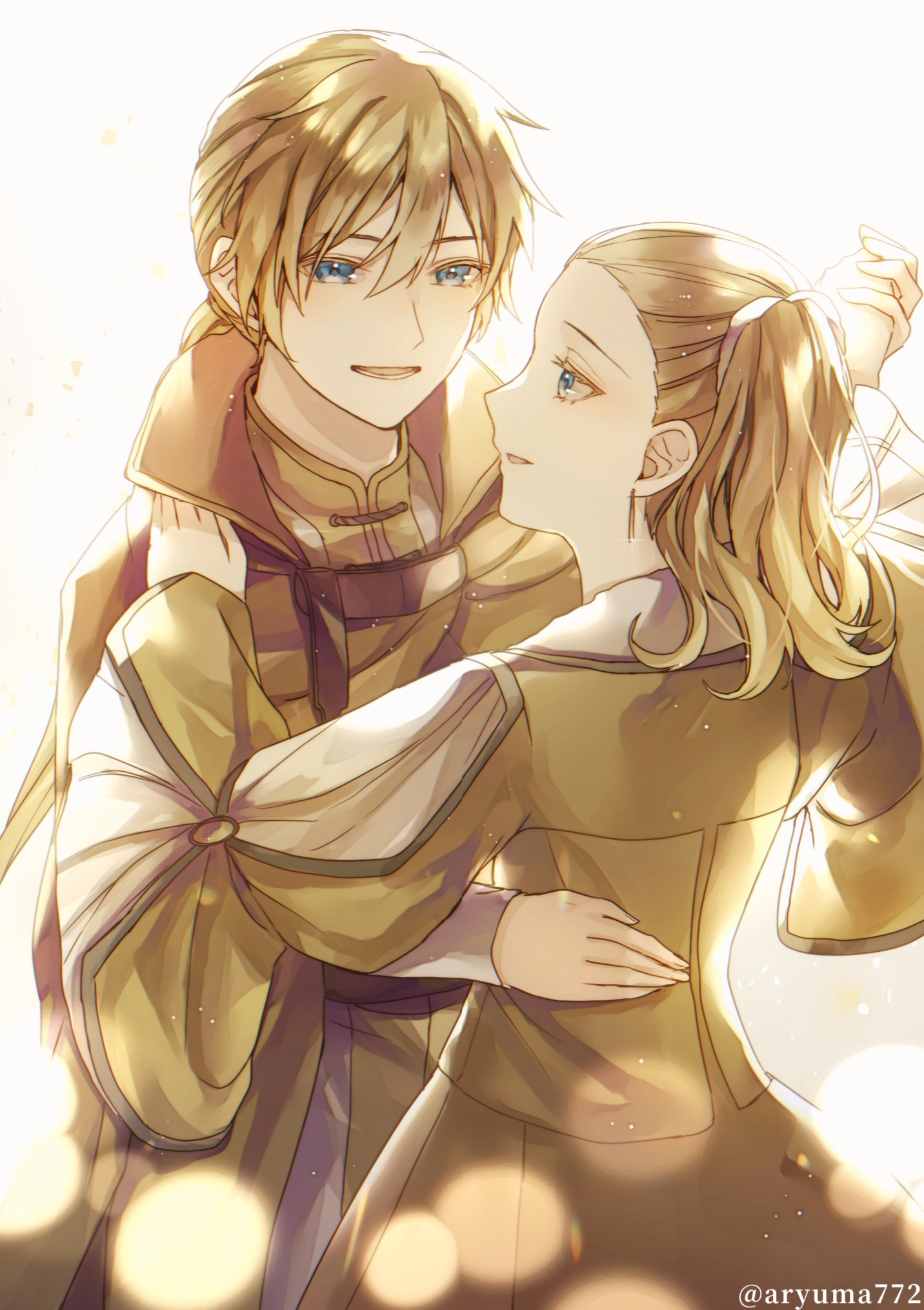 1boy, 1girl, anne_lucifen_d'autriche, arth_lucifen_d'autriche, aryuma772, blonde_hair, blue_eyes, couple, dancing, dress, evillious_nendaiki, highres, kagamine_len, looking_at_another, smile, sweet_ann, vocaloid