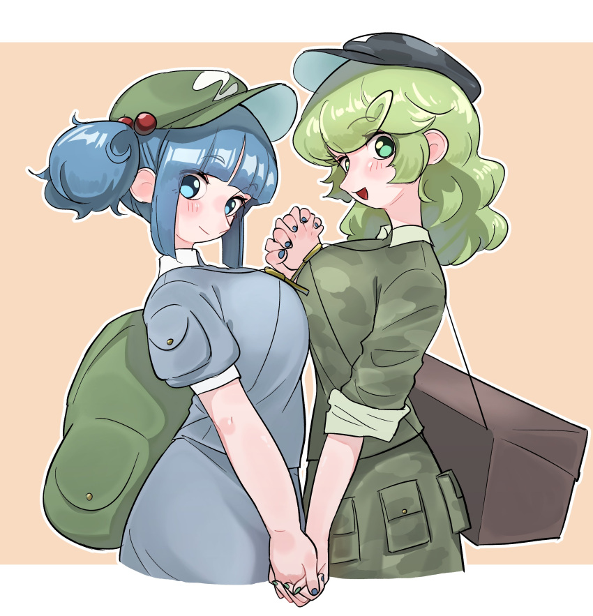 2girls, absurdres, backpack, bag, blue_eyes, blue_hair, blue_skirt, breast_press, breasts, camouflage, camouflage_headwear, camouflage_skirt, eyebrows_visible_through_hair, frogsnake, green_eyes, green_hair, hair_bobbles, hair_ornament, hat, highres, holding_hands, kawashiro_nitori, key, looking_at_viewer, medium_hair, multiple_girls, nail_polish, short_hair, skirt, sleeves_rolled_up, symmetrical_docking, touhou, twintails, yamashiro_takane