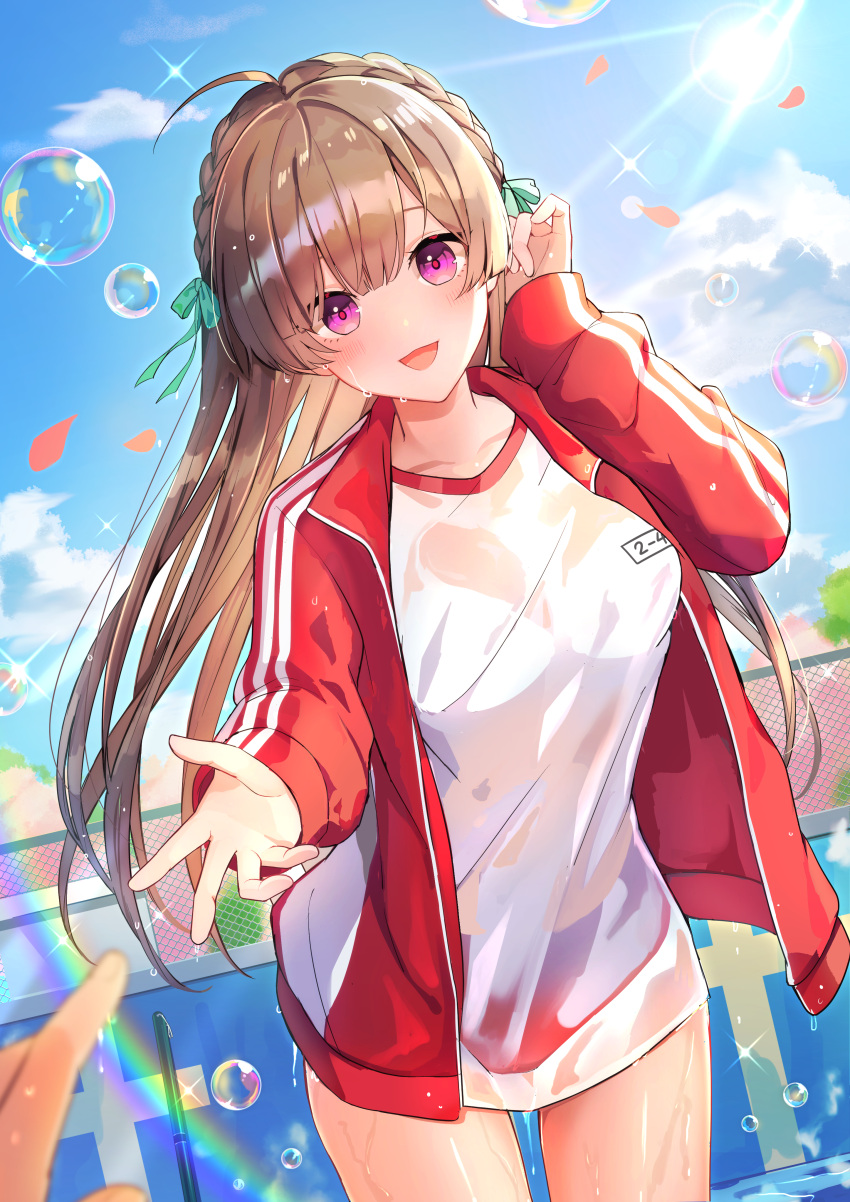 1girl, :d, absurdres, ahoge, bangs, blue_sky, bow, braid