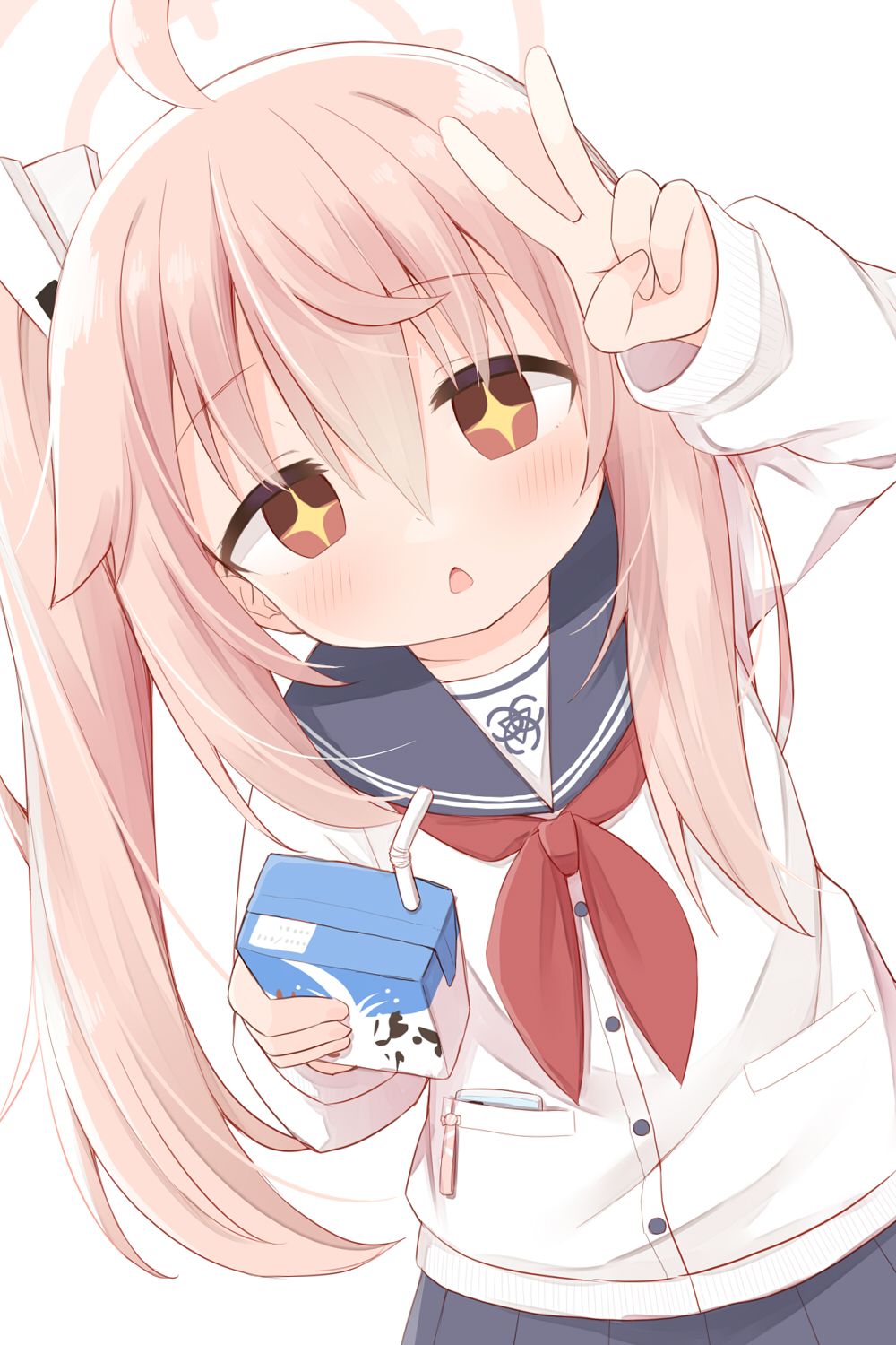 +_+, ahoge, arm_up, ayanepuna, bangs, bendy_straw, black_sailor_collar, black_skirt