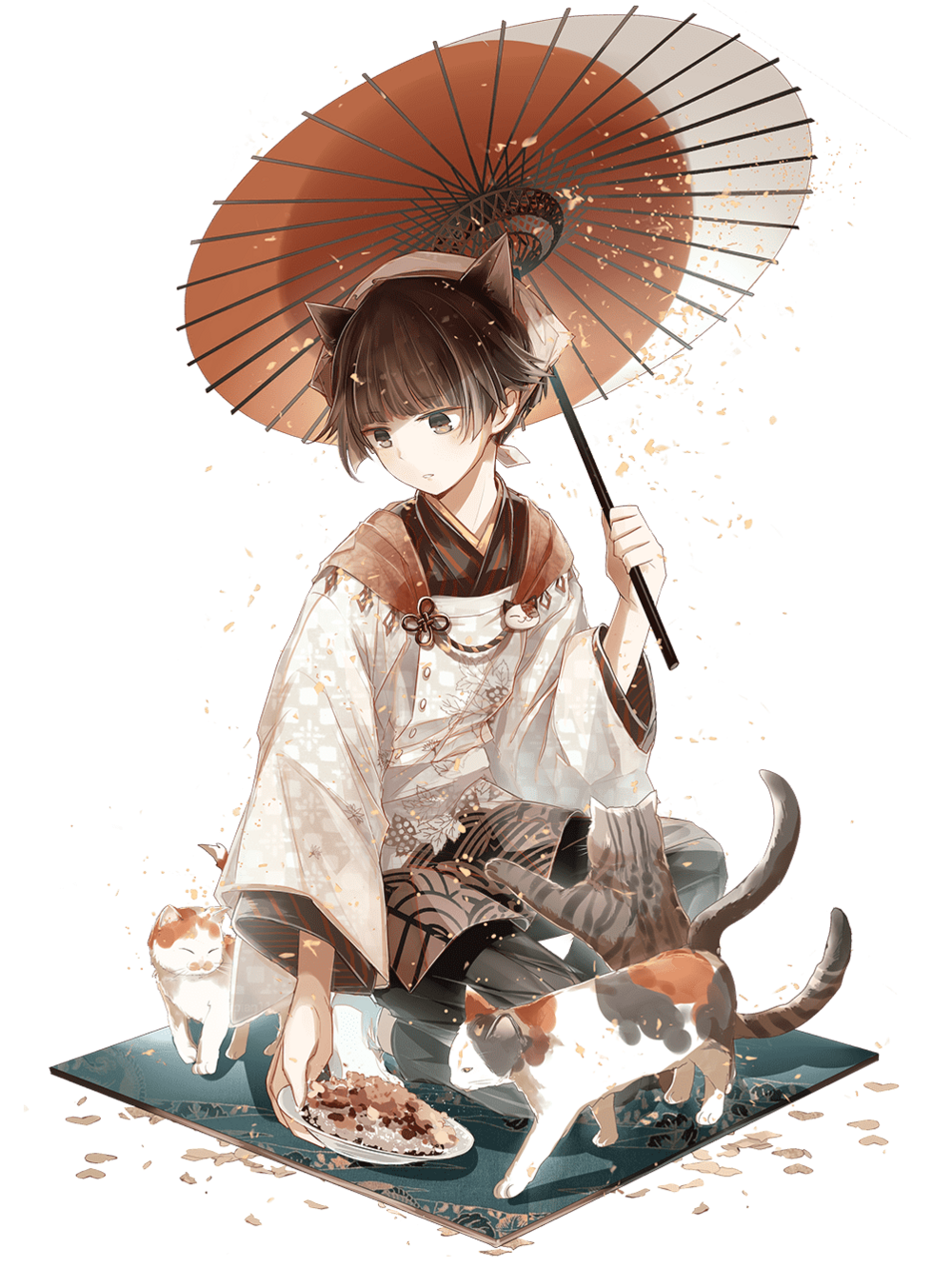 1boy, androgynous, animal_ears, bonito_rice_(food_fantasy), calico, cat, cat_boy, cat_ears, chinese_clothes, cocosuke, food, food_fantasy, full_body, highres, looking_down, official_art, pale_skin, second-party_source, traditional_clothes, umbrella