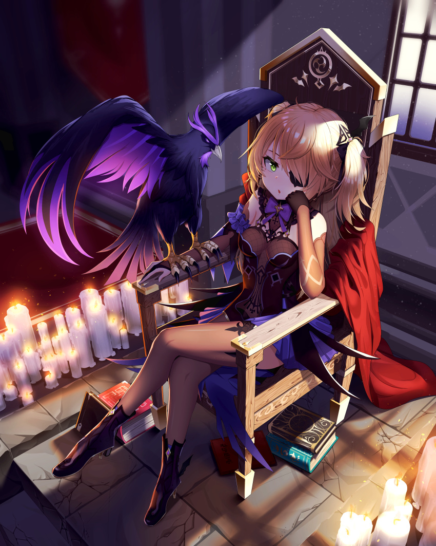 1girl, absurdres, animal_on_arm, asymmetrical_legwear, bangs, bird, bird_on_arm, black_dress