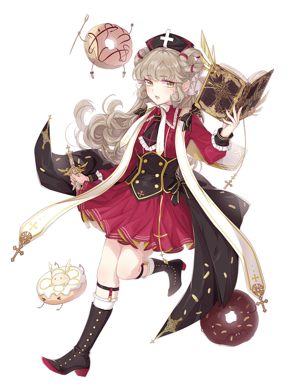 1girl, boots, brown_hair, donut_(food_fantasy), doughnut, dress, food, food_fantasy, full_body, highres, long_hair, looking_at_viewer, official_art, pale_skin, second-party_source, twintails, yellow_eyes