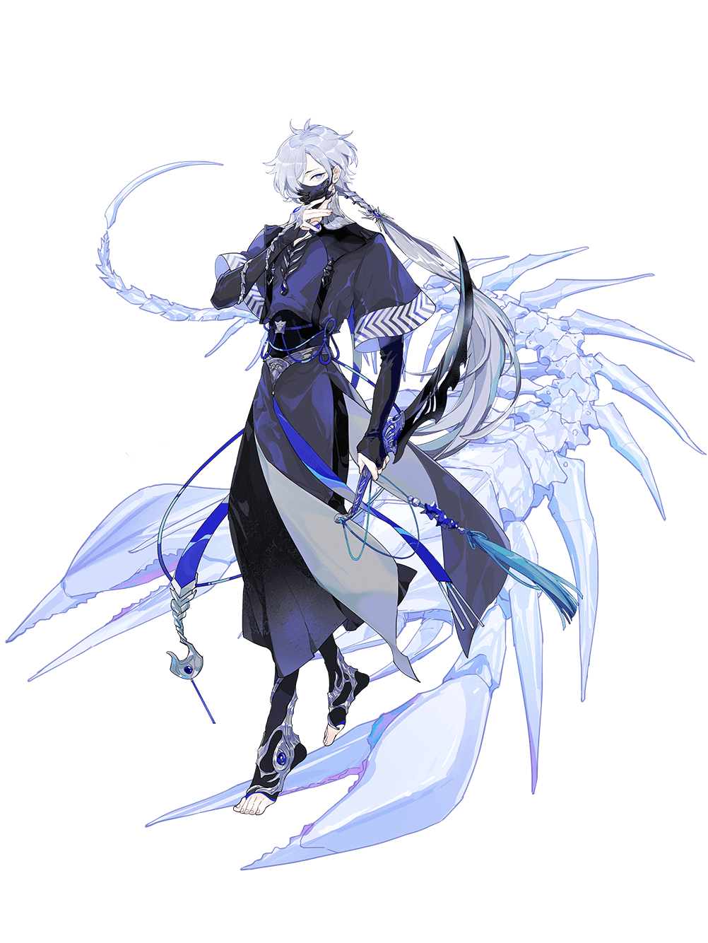 1boy, blue_eyes, covered_mouth, food_fantasy, full_body, highres, kageuri, lamb_spine_hotpot_(food_fantasy), long_hair, looking_at_viewer, mask, mouth_mask, official_art, pale_skin, purple_hair, second-party_source